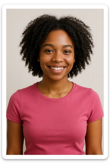 A black girl with curly black hair, wearing a pink tightfitting top, friendly expression, upper body focus, clean background. sticker