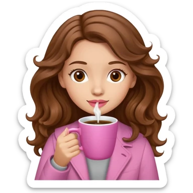 light-skinned girl with wavy brown hair drinking coffee from a pink cup emoji sticker