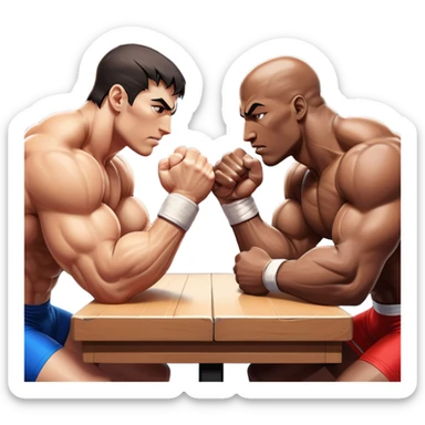 Two athletes engaged in an intense arm wrestling match, their muscles straining as they battle for dominance. The scene captures the powerful clash of strength, with close-ups on the hands locked in a firm grip, sweat glistening under bright lights. The background features a wrestling table. sticker