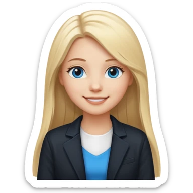 A white girl with long straight blonde hair, blue eyes and a white dress with a smiling black jacket sticker