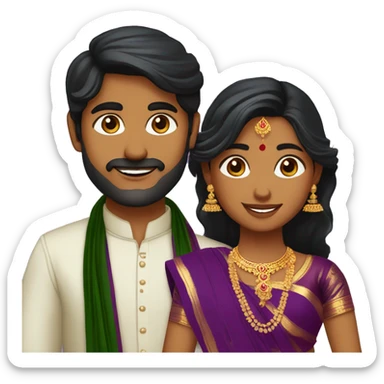 south indian girl with hair wearing dark green saree marrying south indian guy with straight hair and wearing dhoti in purple sticker