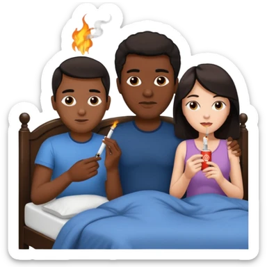 Black guy, white Girl with dark hair, and white guy with dark hair in a bed and girl in the middle with a cigarette  sticker