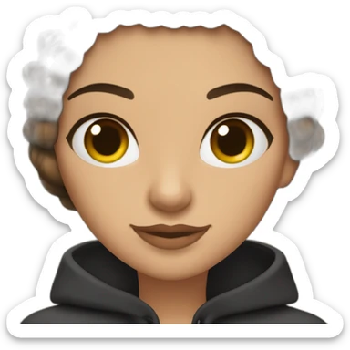 mujer con cabello castaño por los hombros con flequillo lacio, con anteojos cat eye negros, pelo castaño, ojos marrones Tiene una computadora. sticker