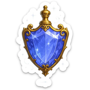 luxurious crystal elixir bottle in shield shape, color #7986cb, lots of shining, edges, ornaments, golden details, magical effects, very small golden neck, transparent background, beautiful seamless base, bottle clearly floating in air, no base or shadow, premium class impression, modern and exclusive design, matching a collection of crystal, luxurious, magical bottles sticker