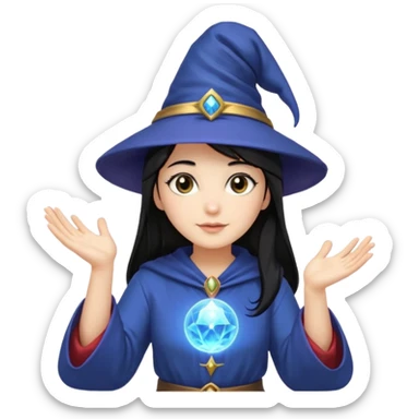 female wizard with black hair under a wizards hat with both hands palm up sticker