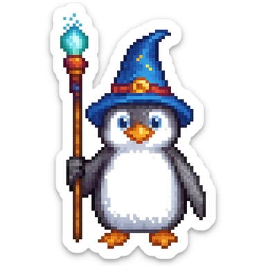A penguin wizard holding a magic staff in pixel art style, no background sticker