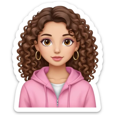 cute balayage brunette long hair curly/wavy haired girl, hoop earrings, clean girl makeup DOING SHOPPING WITH PINK CLOTHES ON sticker