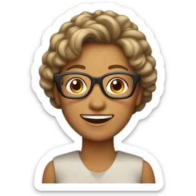 Mujer 50 años sonriente, con pelo castaño ondulado y lentes sticker