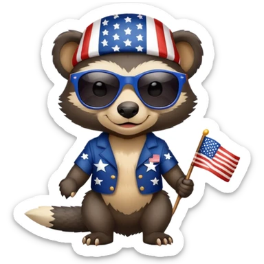friendly anthropomorphised honey badger in patriotic USA Independence Day outfit with stars and stripes, wearing sunglasses sticker