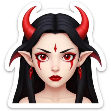 Head only: demon girl, 100% red skin, long black hair, small horns, sharp cheekbones, serious eyes, full lips, pointed ear; centered, no body, no text. sticker