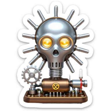 science, chemicals, mechanical gears, steampunk, electronics, electric wires, light bulb, LED, resistors, circuit board, ic, physics,  nuclear model sticker