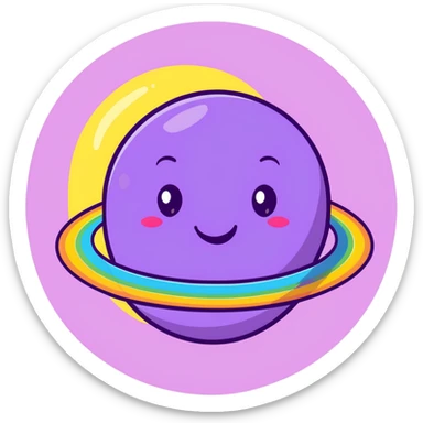 purple planet with colorful rainbow rings and a cute happy face with rosy cheeks sticker