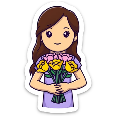 Cool girl with long brown hair and fair skin holding a bouquet of flowers sticker