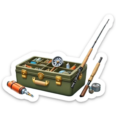 Icon for Fishing: a boat on the shore of a peaceful water body with a beautiful natural landscape, a fishing tackle box, a spinning rod. The icon should capture the tranquility and gear of a fishing adventure. Without frame. Transparent background. sticker