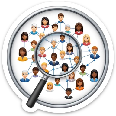 An icon featuring a network of interconnected people, a magnifying glass, and a chart, symbolizing sociology. The design includes diverse figures and social patterns, representing the study of society, behavior, and social structures. Transparent background highlights human interaction sticker
