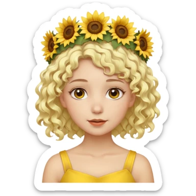 ["Fair skin female, short platinum-blonde curly hair, wearing a yellow sunflower crown."] sticker