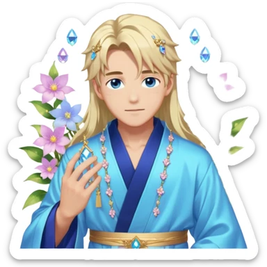 Beautiful gorgeous blushing blue-eyed youthful elegant handsome anime guy with beautiful iridescent-special-medium-long-hair, fashion aesthetic, ethereal, fairycore, pastelcore, flower petals, crystals, layered robes, accessories, jewelries, gold, colorful, shiny, trending style, outside sticker