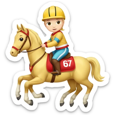baby riding horse wearing racing cloth yellow number sticker
