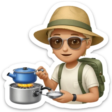 A camper boiling water on a portable stove, enjoying the outdoor breeze.
 sticker
