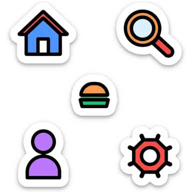 Website icon set with colorful icons: blue home icon, orange magnifying glass search icon, green hamburger menu icon, purple profile/user icon, and red gear settings icon sticker
