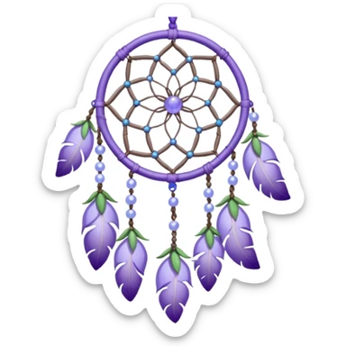 Lavender lilac pastel purple dreamcatcher-suncatcher with lavender flowers and lilac flowers attached, blue beads, and white beads, green leaves sticker