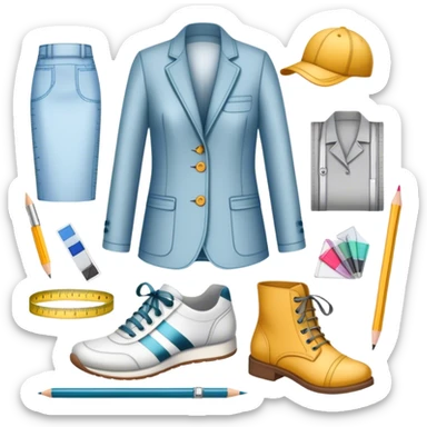 Icon for Fashion Design: sketches of clothing, shoes, and accessories with design tools like a pencil, fabric swatches, and a measuring tape. The icon should represent creativity in fashion design and tailoring. Transparent background. sticker