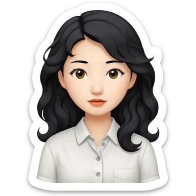 Asian woman, black hair, long permed wavy hair, white button-up shirt, flat colors, transparent background. sticker