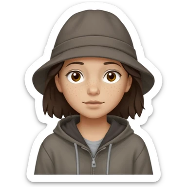 Hobo tomboy with light skin, freckles, shoulder-length center-parted dark brown hair. brown eyes, dark dull brown hoodie, grey shirt. Flat brimmed hat sticker