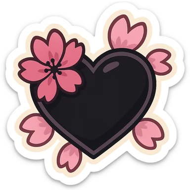 goth sakura heart, black heart with extra pink cherry blossom petals, cute and dramatic sticker