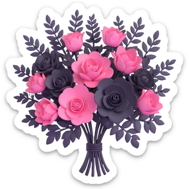minimal 3D gothic bouquet with pink and black flowers, simple and dark sticker