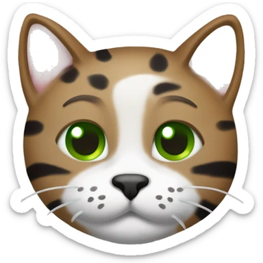 sokoke cat with a white torso and marbeled colors on his face (brown, black and with green eyes) smiling and closing an eye. Holding with a paw a whiskas cat food sachet sticker