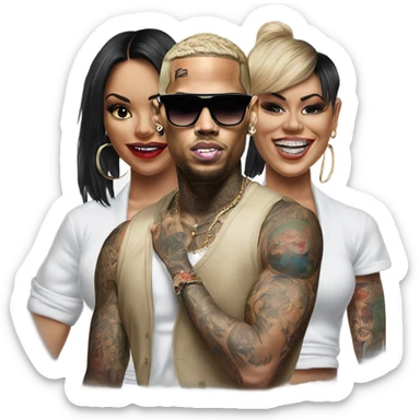 Hyper Realistic Chris Brown  wearing sunglasses with 2 female tattooed dancers sticker