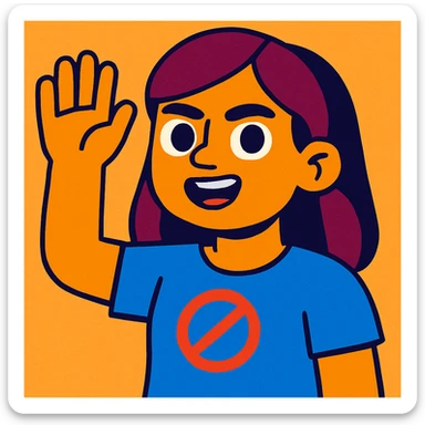 3D face of an activist girl waving her hand in a blue T-shirt sticker