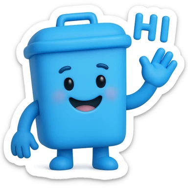 3D emoji style blue bin with a smiling face, waving and saying hi sticker
