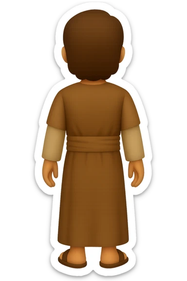 Back view, centered full body, facing away, classic emoji style of apostle Peter with short hair, no hood, arms down by sides, smiling, detailed beard, wearing long sleeve brown clothes with beige details, no background. The style should mimic classic emoji style. sticker