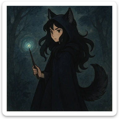 mystical witch with black hair, wolf ears and wolf tail, dark colors, cloak, magic wand, stylized sticker