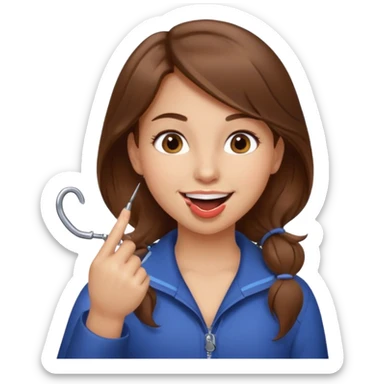 Emoji Fille cheveux long et brun yeux brun et que elle mette un doigt dans sa bouche qui forme un crochet et que elle fait un sourire  sticker