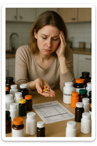 a woman in her 30s sits at her kitchen table, surrounded by dozens of supplement bottles, powders, and pills. She looks anxious and fatigued, with her head resting in one hand while the other holds a handful of colorful capsules. On the table, a nutrition chart is ignored, and her skin appears slightly dull or stressed. The mood is cautionary and educational. in italiano sticker