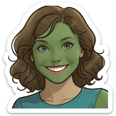 young blue-eyed and wavy brown-haired woman smiling cheerfully  sticker