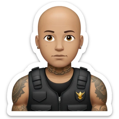 black soldier tattooed bald head in black bulletproof vest sticker