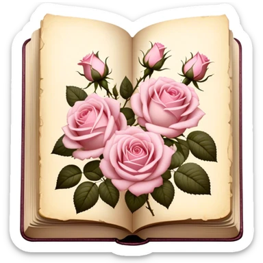 Antique book with pressed light pink roses, golden details on the cover, soft vintage lighting. sticker