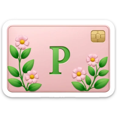 Pale Pink and green cute credit card, flowers growing around it , clean aesthetic, letter P on it sticker