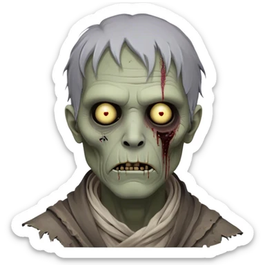 Cinematic Noble Zombie Portrait Emoji, Surprisingly dignified and somber, with a decaying yet strangely regal visage in ashen grays and muted tones, draped in tattered attire hinting at a lost grandeur, simplified yet meticulously detailed, glowing with a soft, eerie radiance and a gentle outline that evokes the tragic nobility of the undead! sticker