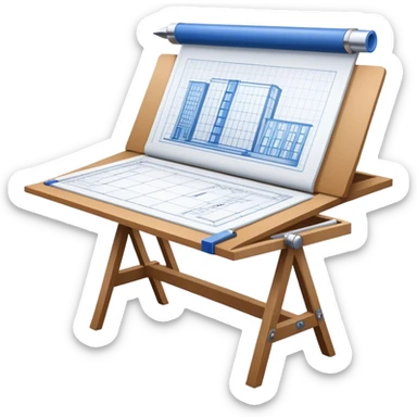 Create a sleek and modern icon representing Architecture, featuring an engineer's drawing board with blueprints of a building and rulers. The design should be visually sophisticated, clean, and professional, without any emojis. The background should be transparent. sticker