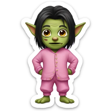 goblin with black long hair and pink pajamas sticker