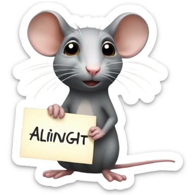 The rat, with its head turned to the right, holds a sign with the inscription "ALINGHT". sticker
