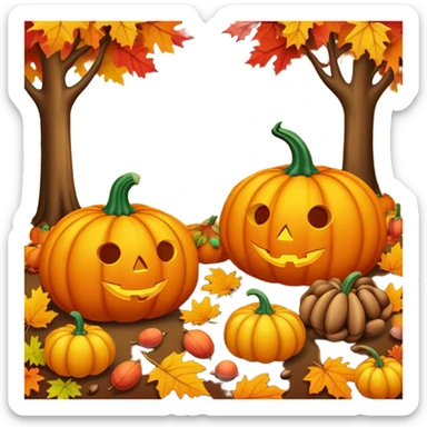 autumn fall scene with colorful leaves, pumpkins, and acorns sticker