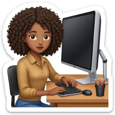 Black girl with curly hair at computer desk  sticker