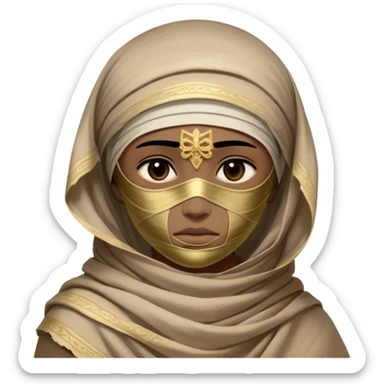 Regal and timeless, fully wrapped in meticulously aged bandages, even its face veiled in layers of ancient cloth with only faint glimpses of deep, solemn eyes peering through, adorned with faded gold accents, exuding an air of forgotten majesty and solemn duty, highly detailed, softly glowing, evoking the dignified mystery of an eternal guardian watching over lost secrets! sticker