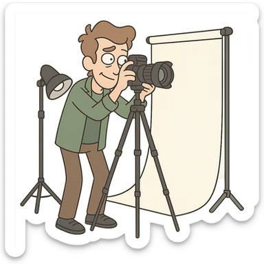 flat toon style photographer in a studio with camera and backdrop sticker